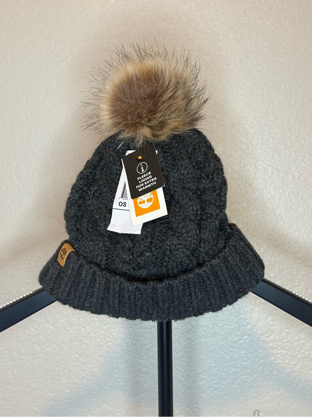 Timberland Dark Charcoal Knit Beanie fleece lined with Faux-Fur Pom
